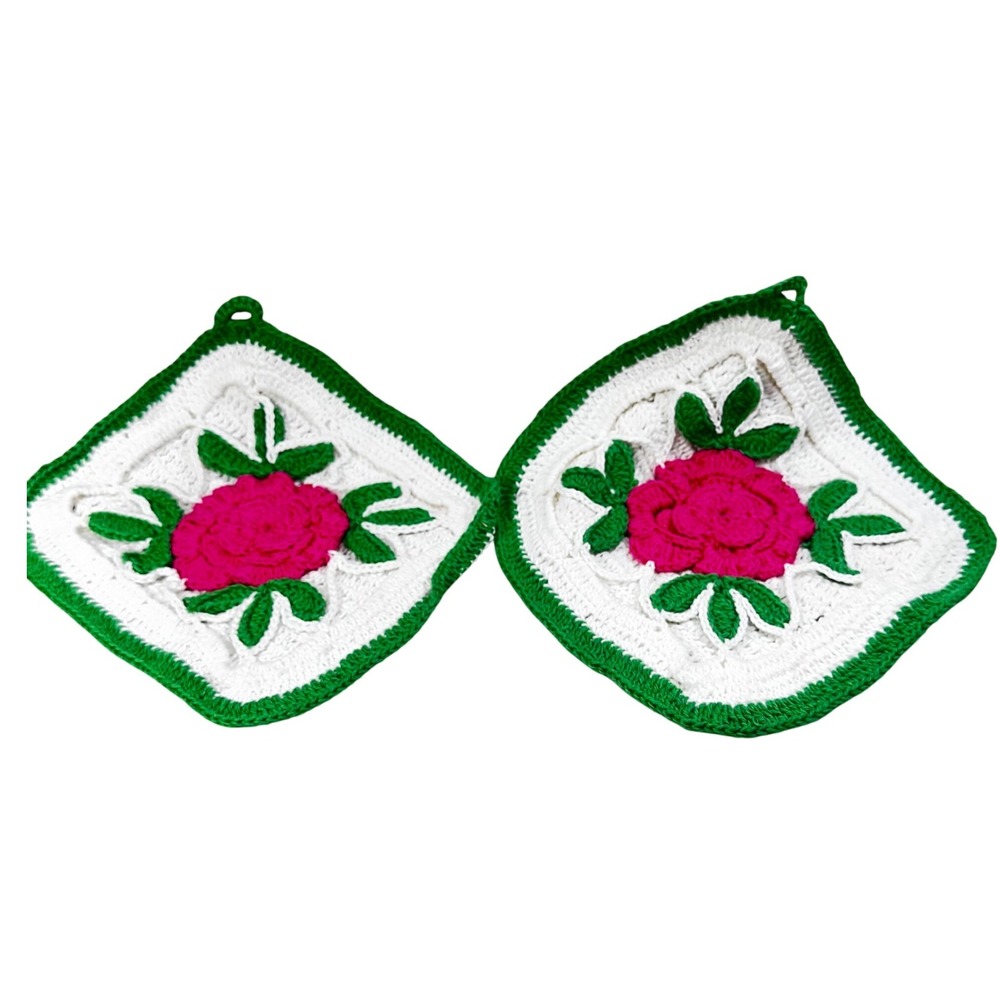 Vintage Handmade Crochet Rose Potholders Set of 2 Pink Green White‎ Cottagecore